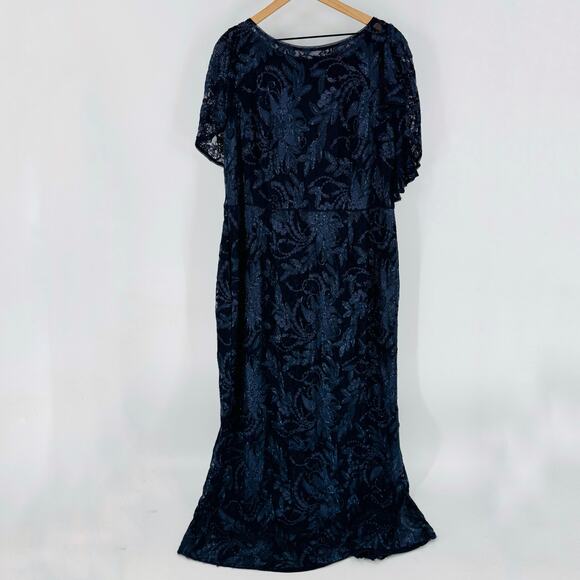 Adrianna Papell Navy Blue Sequin Lace Gown Short Sleeve Stretch Size 18W - Picture 11 of 12